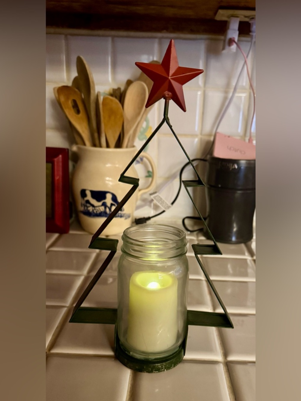 Metal Tree Candle Holder with Red Star w/ flameless candle